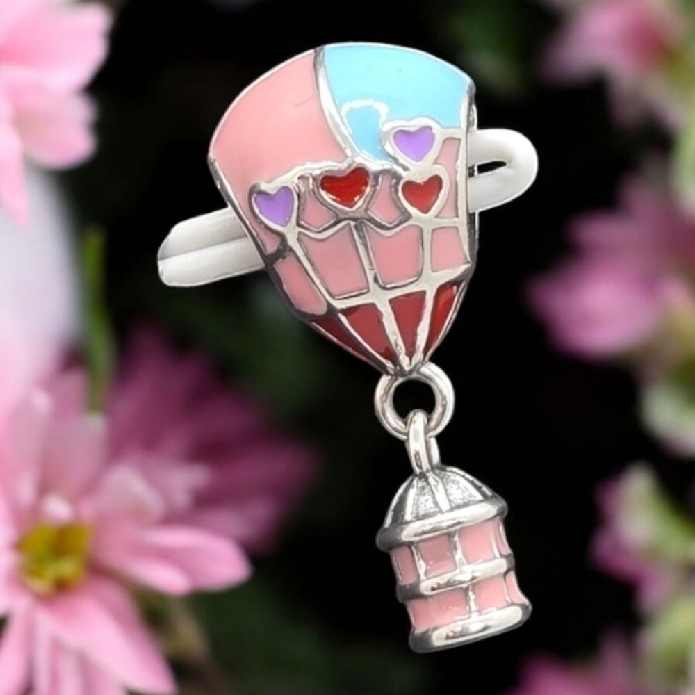Hot Air Balloon Charm S925 Sterling Silver Pink Hearts Slide-On Bracelet Pendant